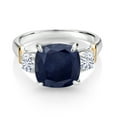 thumbnail image 2 of 925 Silver and 10K Yellow Gold Blue Sapphire and White Moissanite 3 Stone Ring for Women (5.06 Cttw, Gemstone September Birthstone, Cushion 10MM, Round 4MM, Available in Size 5, 6, 7, 8, 9), 2 of 3