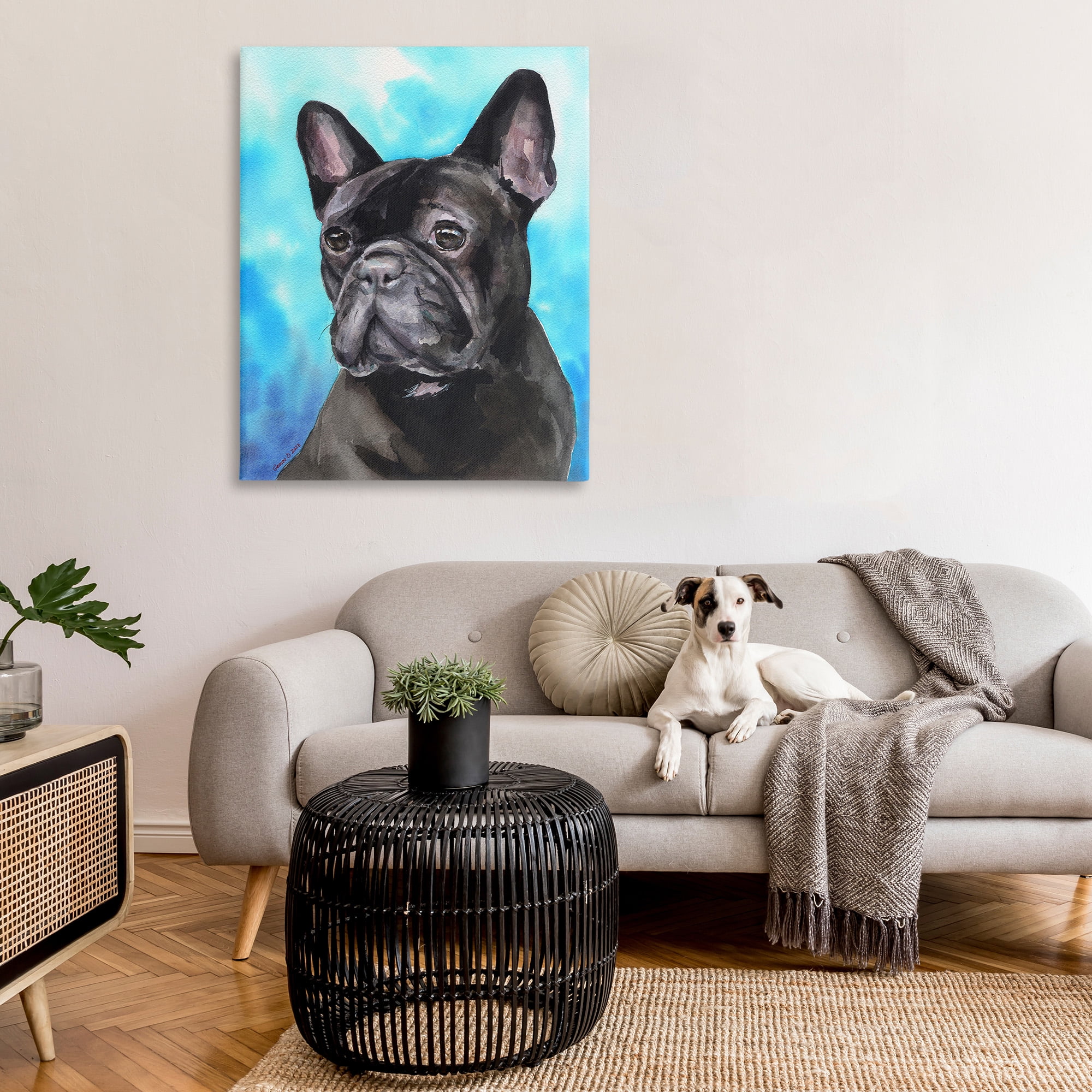 Stupell Industries French Bulldog on Blue Animals & Insects Painting Gallery Wrapped Canvas Art Print Wall Art, 36 x 48