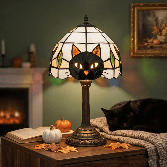 QLUEWX Tiffany Stained Glass Black Cat Table Lamp, Vintage Resin Base Little Cat Desk Lamp, Cute Cat Pattern Night Light Decor for Bedroom Office Bookshelf, Ideal Home Decoration