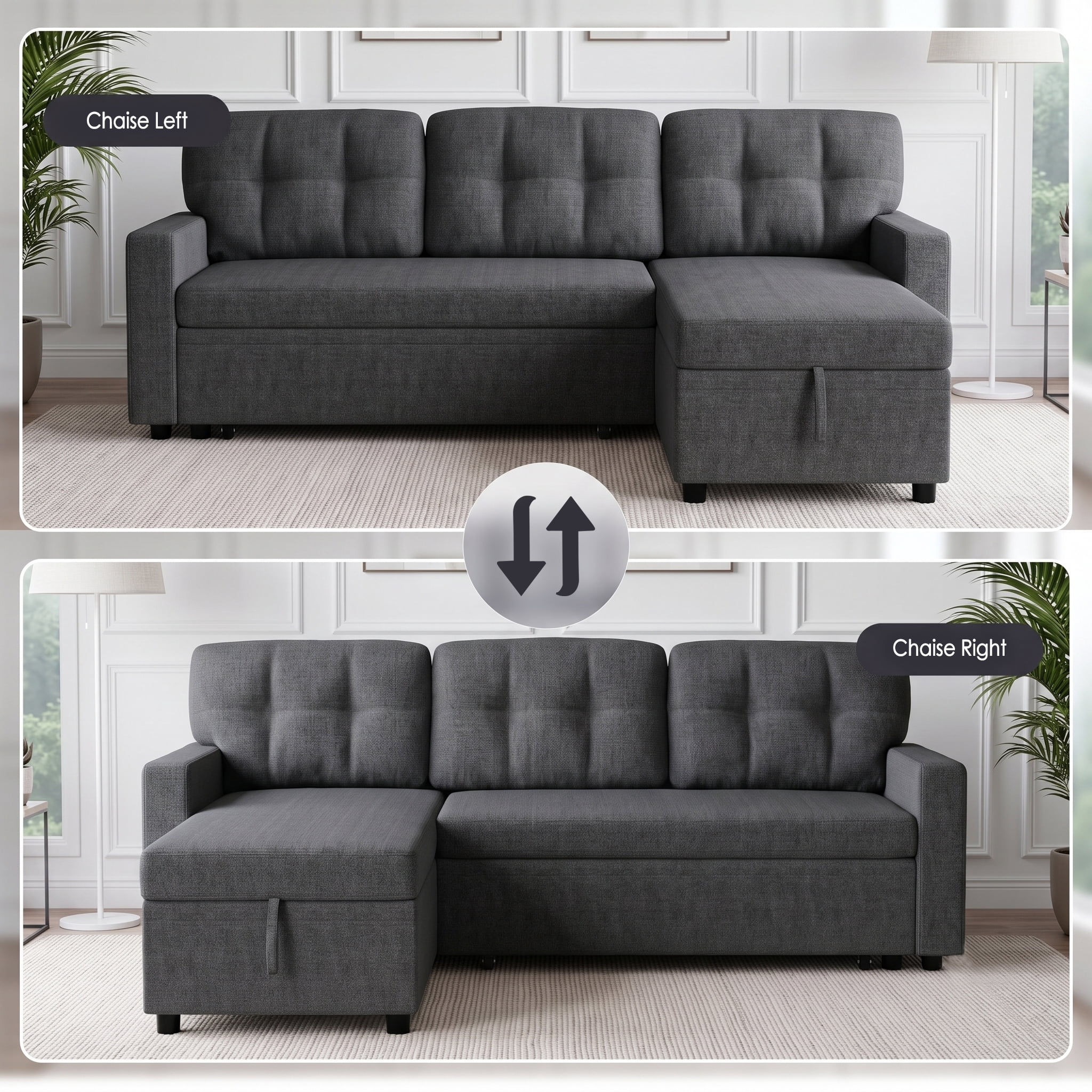 Convertible Sectional Sleeper Sofa Bed, 82" L Shaped Sofa with Pull Out Couch, Reversible Chaise, Storage & Charging Ports, Linen Fabric 3 Seater Couch for Small Spaces Living Room, Dark Gray