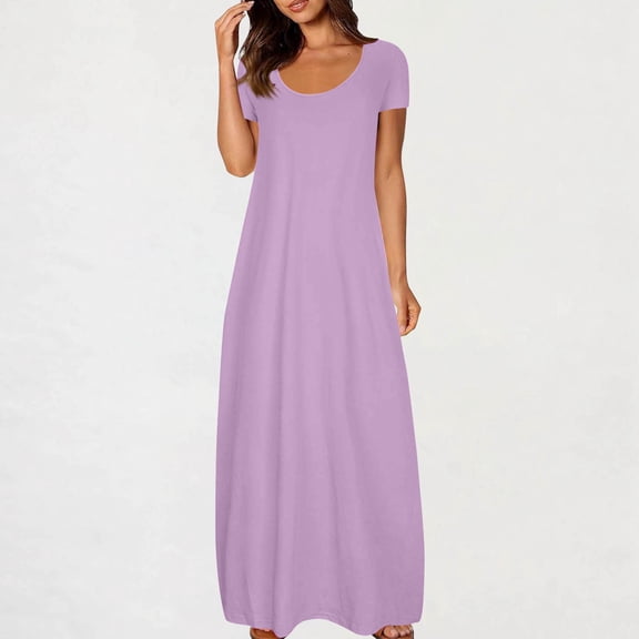 Timegard Maxi Dresses for Women Scoop Neck Short Sleeve Tshirts Long Dresses Comfy Fitting Casual Dresses S-5xl