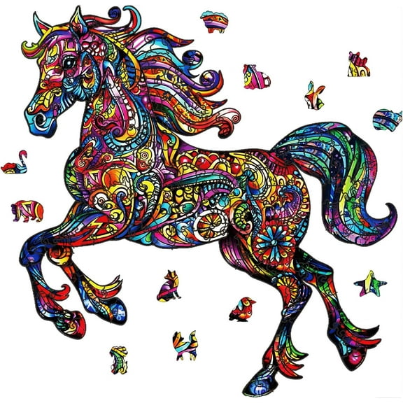 200Pcs Horse Wooden Jigsaw Puzzles for Adults 11.33x10.91inch Wood Puzzle Colorful Unique Shaped Wooden Puzzle for Christmas Birthday Gifts Family Games DIY