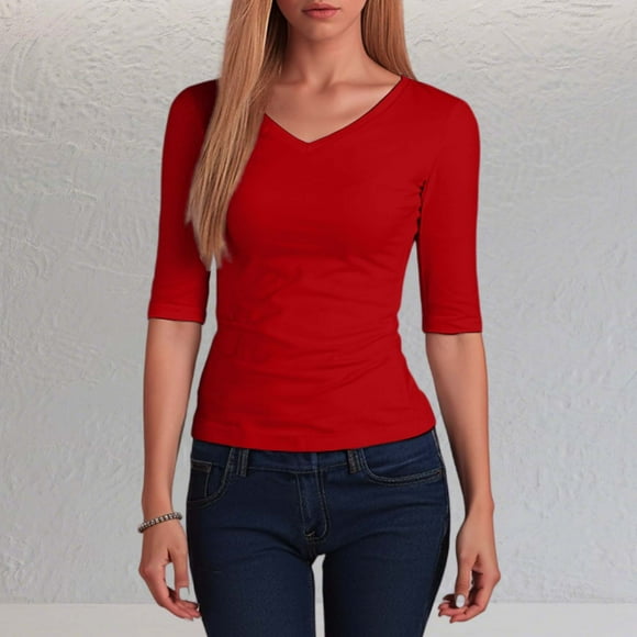 Casual Women's V Neck Short Sleeve T Shirt Comfortable Basic Top for Everyday Use in Spring and Fall