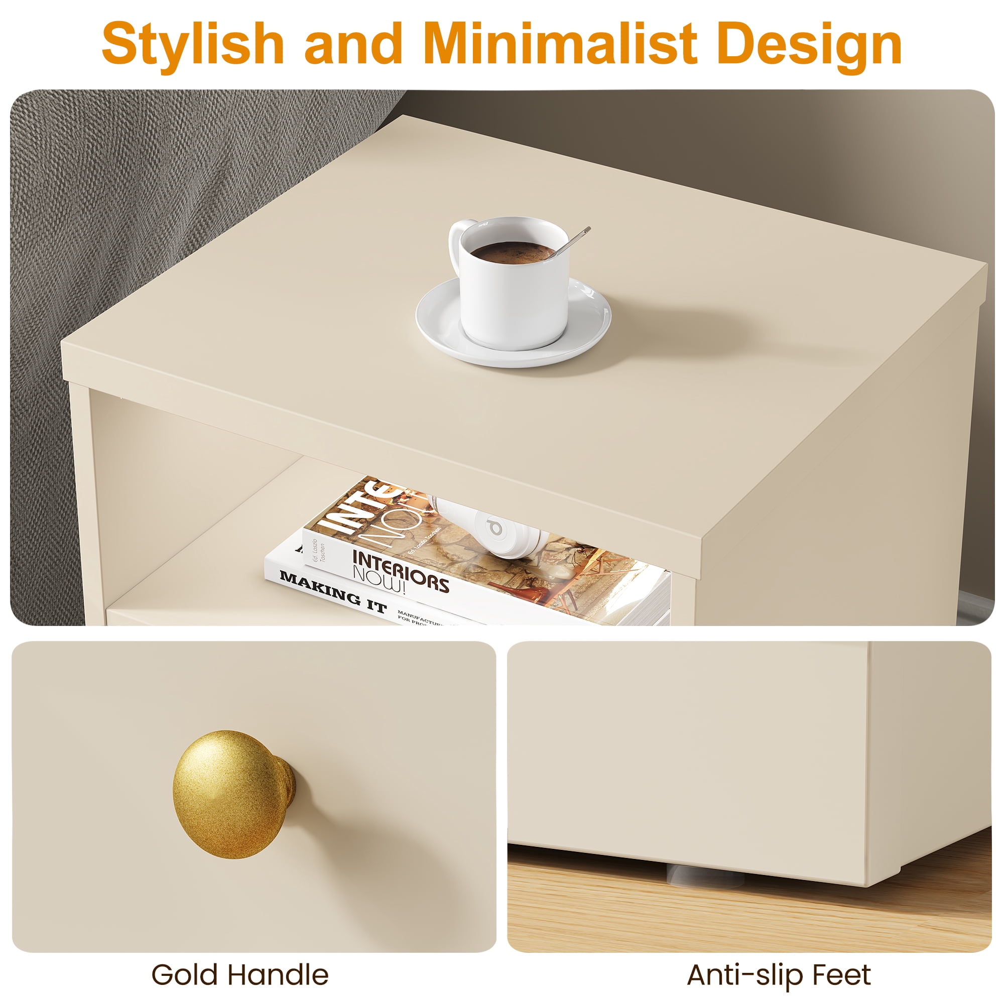Cozy Home beige Nightstand with Storage Shelf & Door, Faux Drawer Design End Table, Compact Side Table for Bedrooms, Dorm Rooms & Small Spaces, Set of 2