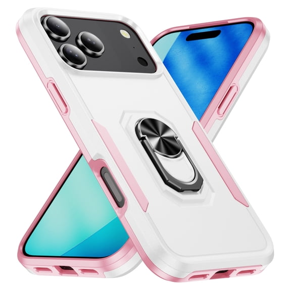 Decase for iPhone 17 Pro Case with Tempered Glass Screen Protector, 360 Degree Ring Stand, Magnetic Car Mount Compatible, White Pink