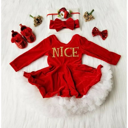 Newborn Baby Girl Christmas Party Pageant Princess Lace Dress Outfit Headband Red 110