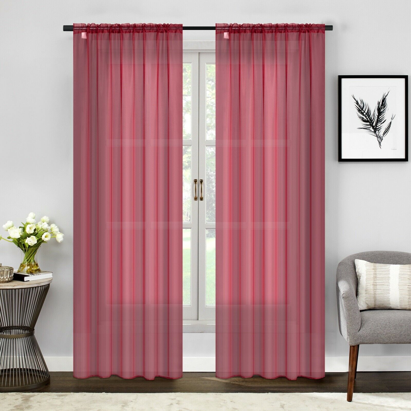Empire 2 Piece Sheer Voile Window Curtains Drapes Set 84" Long Rod