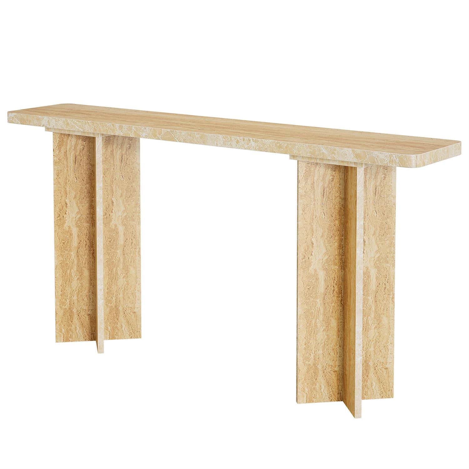 Demi Bonn 62" Modern Wooden End Table, Geometric Base, Sleek Console Table for Living Room, Brown