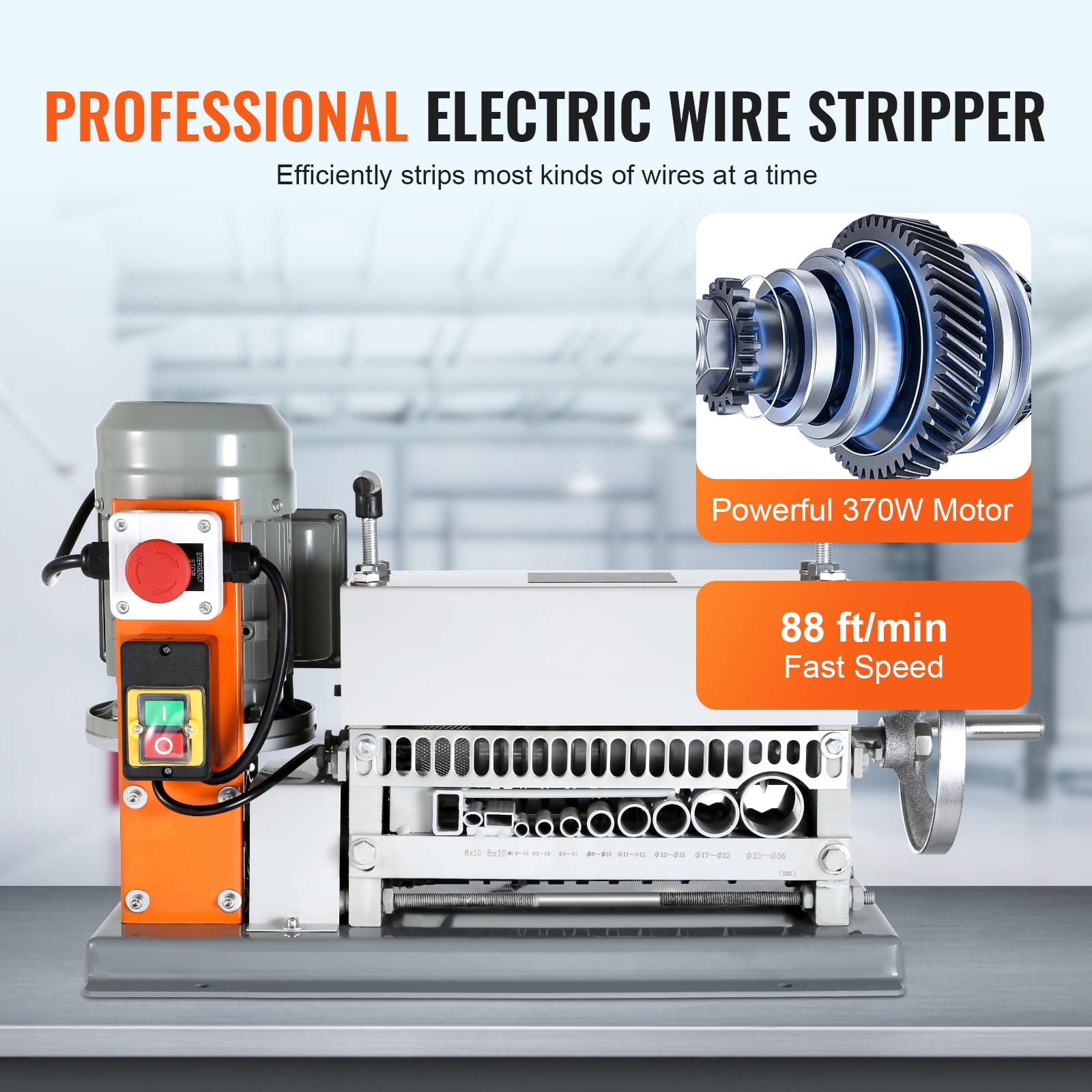 KFFKFF Electric Cable Stripping Tool, 0.06''-1.57'' Motorized Wire Stripper, 370 W, 88 ft/min, Includes Manual Crank & 11 Channels, Suitable for Copper Scrap Recycling