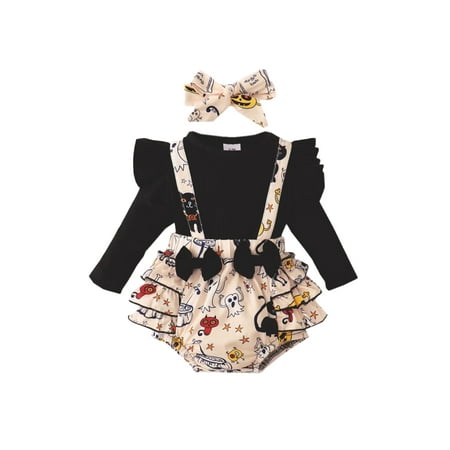 

Gureui Toddler Infant Baby Girls Halloween Romper Fake Two Piece Patchwork Suspender Long Sleeve Cartoon Pattern Print Jumpsuit with Headband