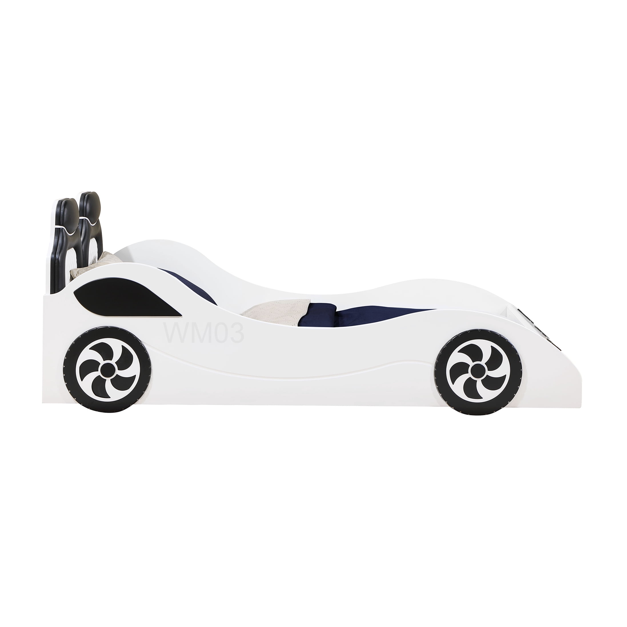Twin Size Low Profile Platform Car Bed with LED Lights and PU Leather Upholstery, White