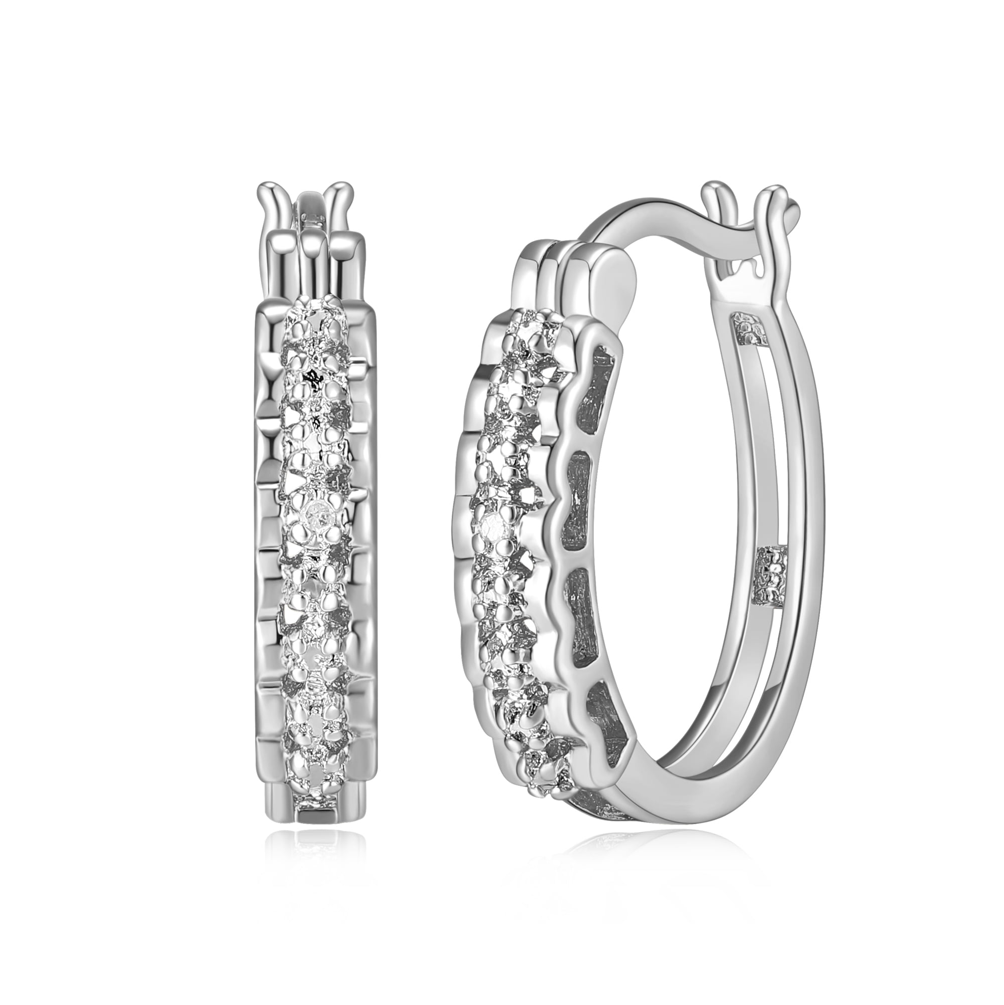 Forever Facets Fine Silver Plated Silver Tone Diamond Illusion Diamond Accent Hoop Earrings,