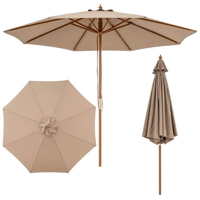 Gymax 9 FT Patio Umbrella w/Adjustable Height Rope Pulley Lift Vented Top for Beach Brown