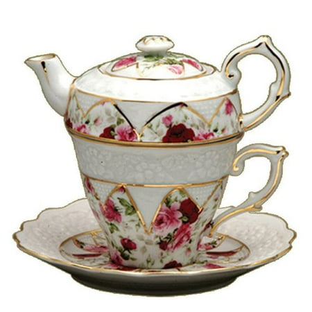 4-Piece Porcelain Tea for One, Stacked Teapot Cup Saucer, Red Rose By Gracie China by Coastline Imports Ship from (Best Way To Ship From China)