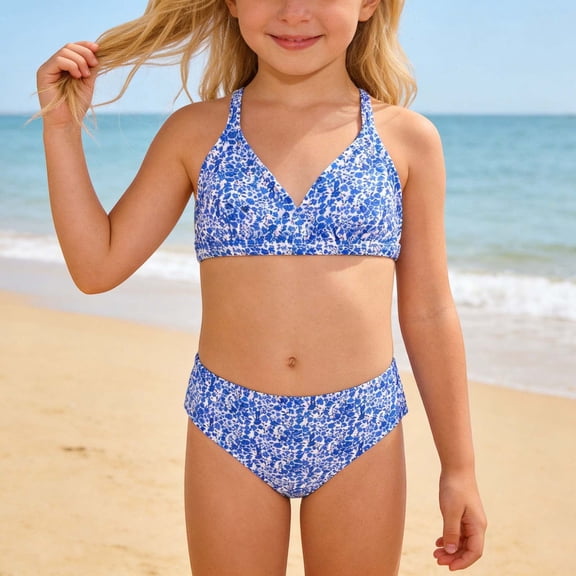 Girls Swimsuits Two Piece Bathing Suits Sport Beach Bikini Sets Summer Swimwear (Blue 9-10 Years)