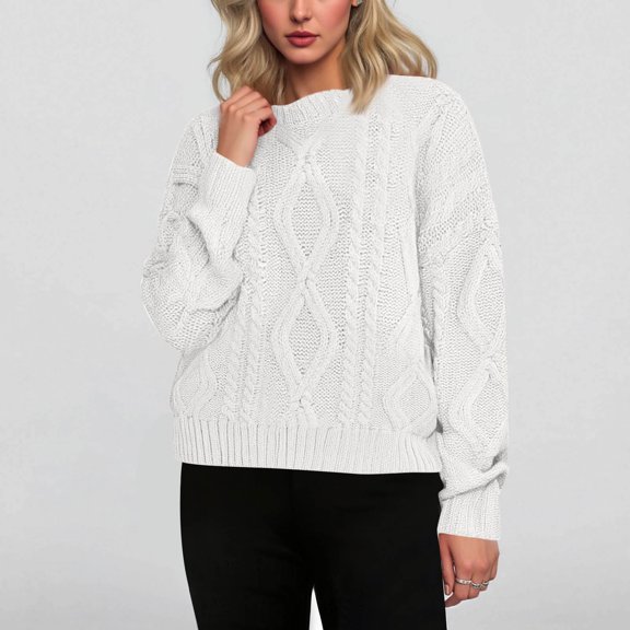 GigrtiJin Fall Winter Pullover Sweater for Women Solid Color Cable Knitted Crew Neck Long Sleeve Blouse Causal Thermal Tops