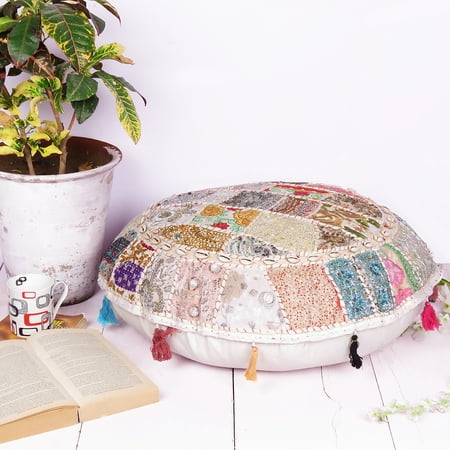 Pouf Floor Cushion Indian White Floor Cushion Boho Patchwork Bohemian Round Floor Pillow Ottoman Pouf Seashell- 22