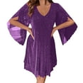 thumbnail image 5 of qucoqpe Womens Summer Mini Dress Fashion Casual Solid Color Ruffle 3/4 Sleeve V Neck Glittering Sequin Dress Loose Party Dress, 5 of 5