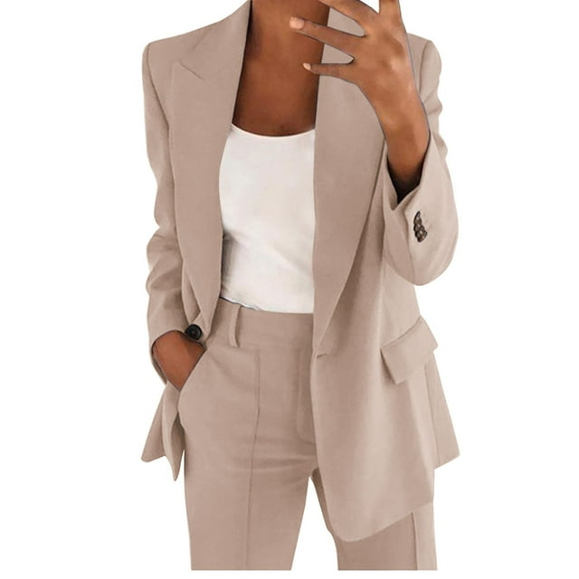 Conjunto de traje de dos piezas con solapas para mujer: blazer de manga larga con botones y pantalones. Conjunto formal de negocios. Poliéster y spandex suaves. Tallas S-XXL.