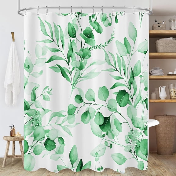 Blue Eucalyptus Leaf Shower Curtain, Blue and Green Watercolor Plant Shower Curtain, Trendy Waterproof Modern Floral Decorative Botanical Bathroom Decor, 72x72 Inch