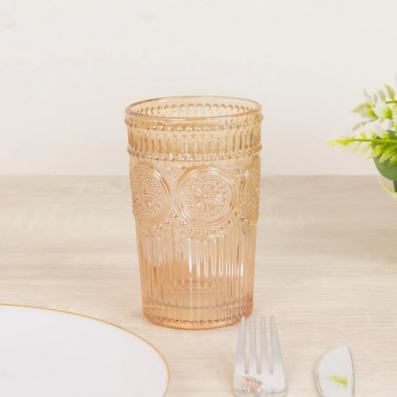 6 Amber Gold 13 oz Round Glass Tumblers Vintage Floral Embossed Pattern Party Tableware