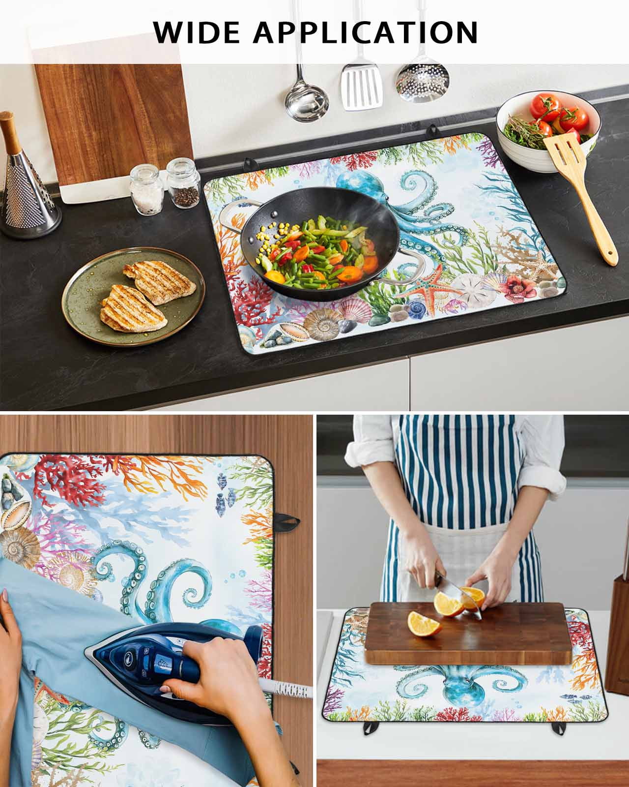 nqOlkjepod Large Induction Cooktop Protector Mat 24"x21", Octopus Coastal Stove Top Covers for Electric Stove, Blue Nautical Summer Beach Ocean Stove Burner Cover Mats, Glass Top Stove Cover