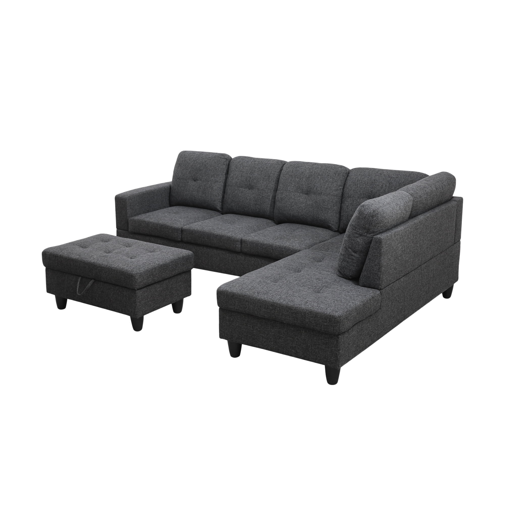 Aukfa 103" Sectional Sofa with Storage Ottoman, L Shape Couch for Living Room, Right Facing Chaise, Linen, Dark Gray
