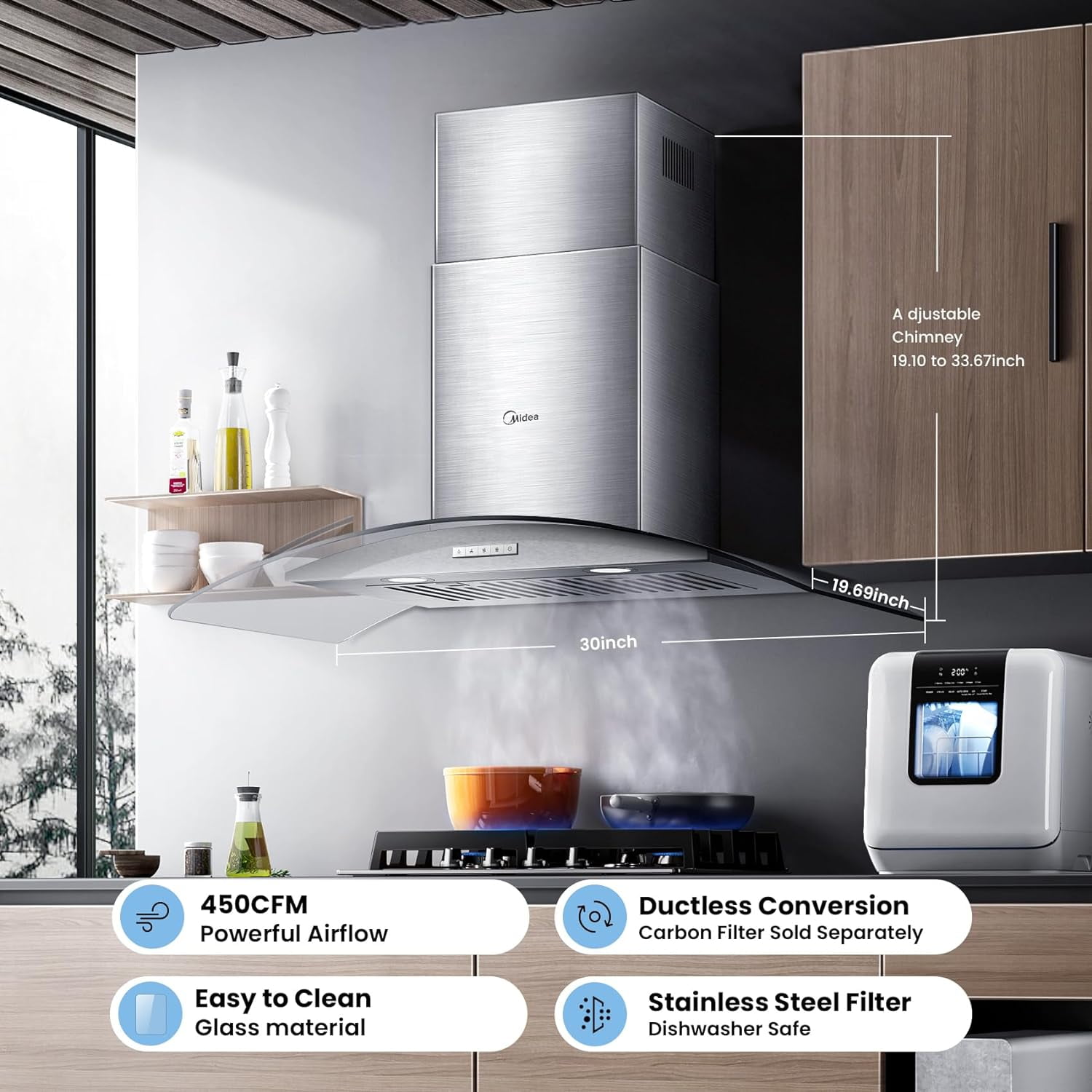 Midea 30 inch Ducted Vent Hood: 450 CFM, 3-Speed Fan, Stainless Steel, Wall Mount, MVG30W8AST, New