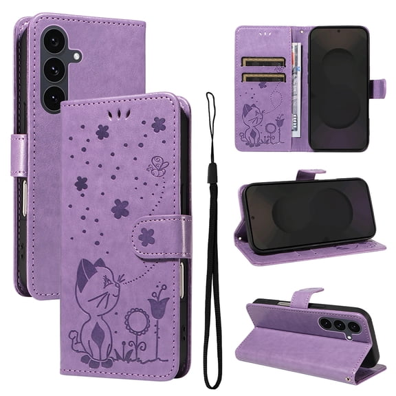 Cute Cat Embossed Pattern PU Leather Wallet Phone Case for Samsung Galaxy S25,Magnetic Closure Shockproof Flip Kickstand RFID Blocking Credit Card Slots Cash Pocket Slim Case,Purple