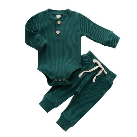 

Infant Baby Boys and Girls Autumn and Winter Romper Suit Fashion Versatile Solid Color Pit Stripe Romper Two-piece Casual Loose Stretch Romper