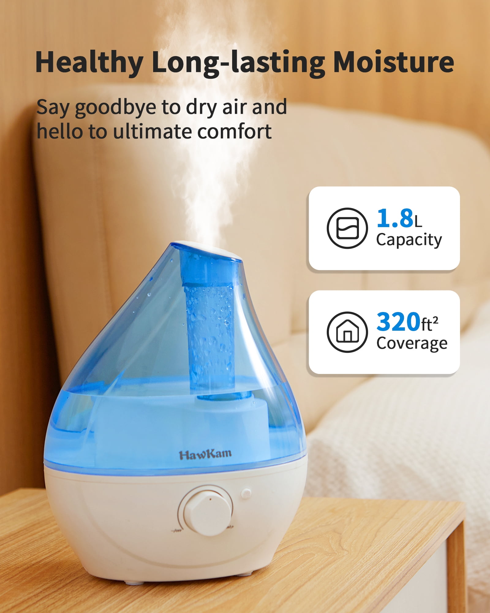 Humidifiers for Bedroom Baby (1.8L Water Tank), Cool Mist Humidifiers with Easy to Clean, Night Light, Auto Shut-Off, Small Humidifiers for Home, Large Room, Nursery, Office, Plants