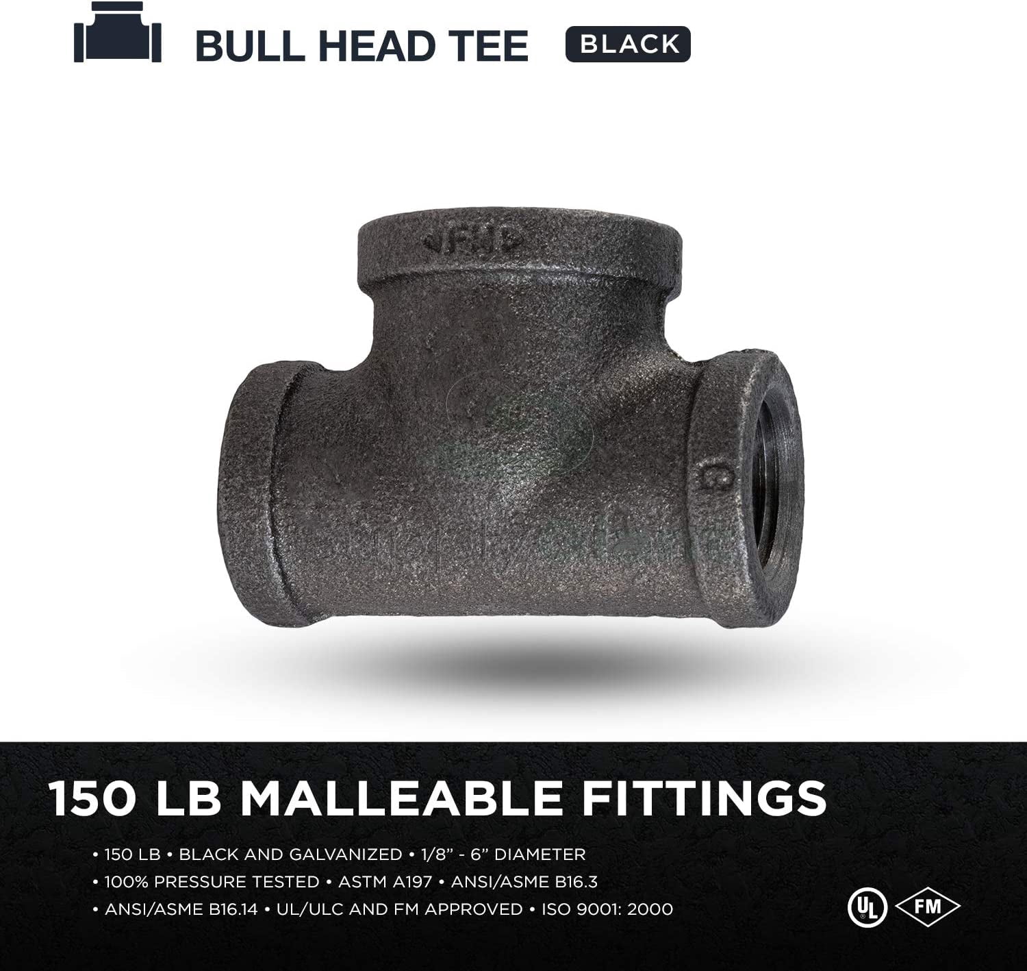 Supply Giant BMBT0340 Black Malleable Bull Head Tee Fitting with Female Threaded Connections, 3/4" x 3/4" x 1"