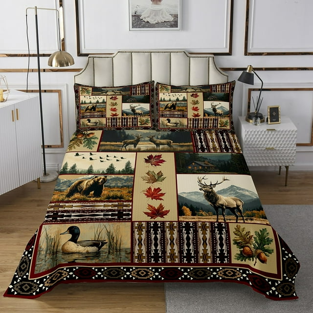 Erosebridal Ensembles de Courtepointe Rustique Aztèque pour Lit Grand Size, Ensemble de Lit Ours de Forêt, Décor Animal Patchwork 3 Pcs
