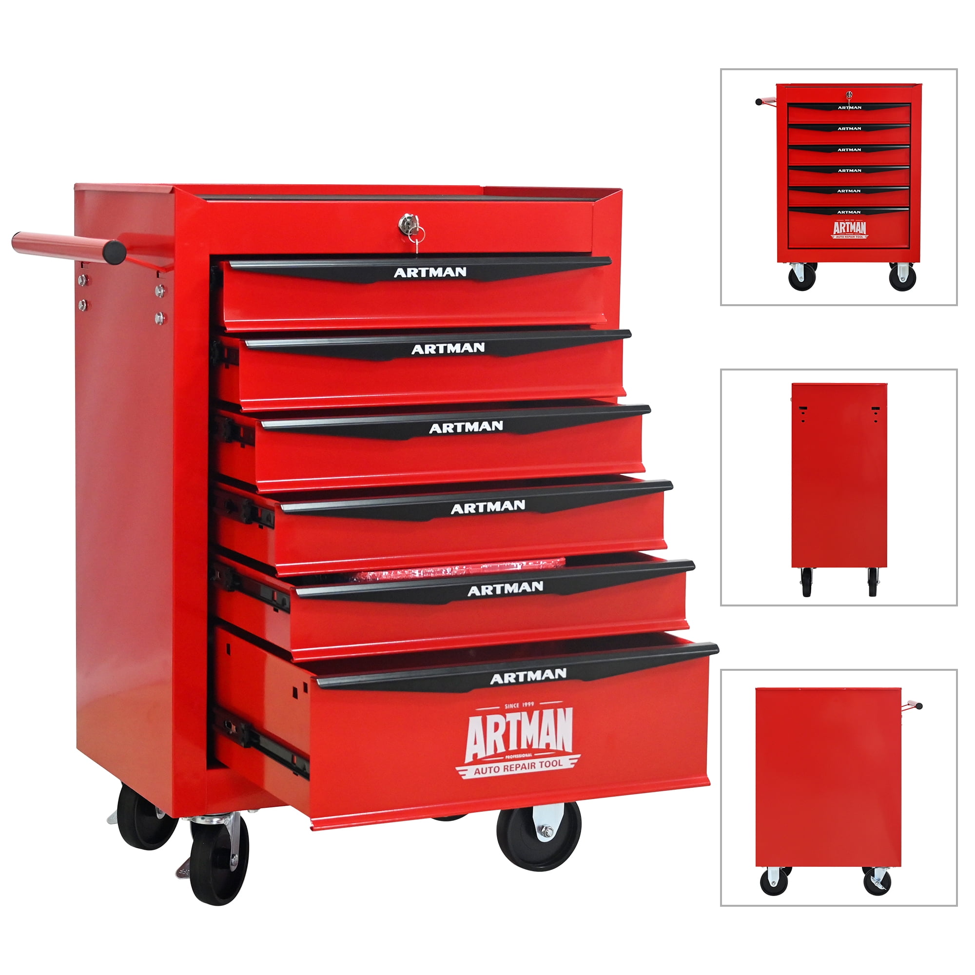 E-Western Rolling Metal Tool Chest with 6 Drawers 20 Inch Steel Storage Cabinet on Wheels Red Black 4 Casters Lockable Durable Heavy Duty