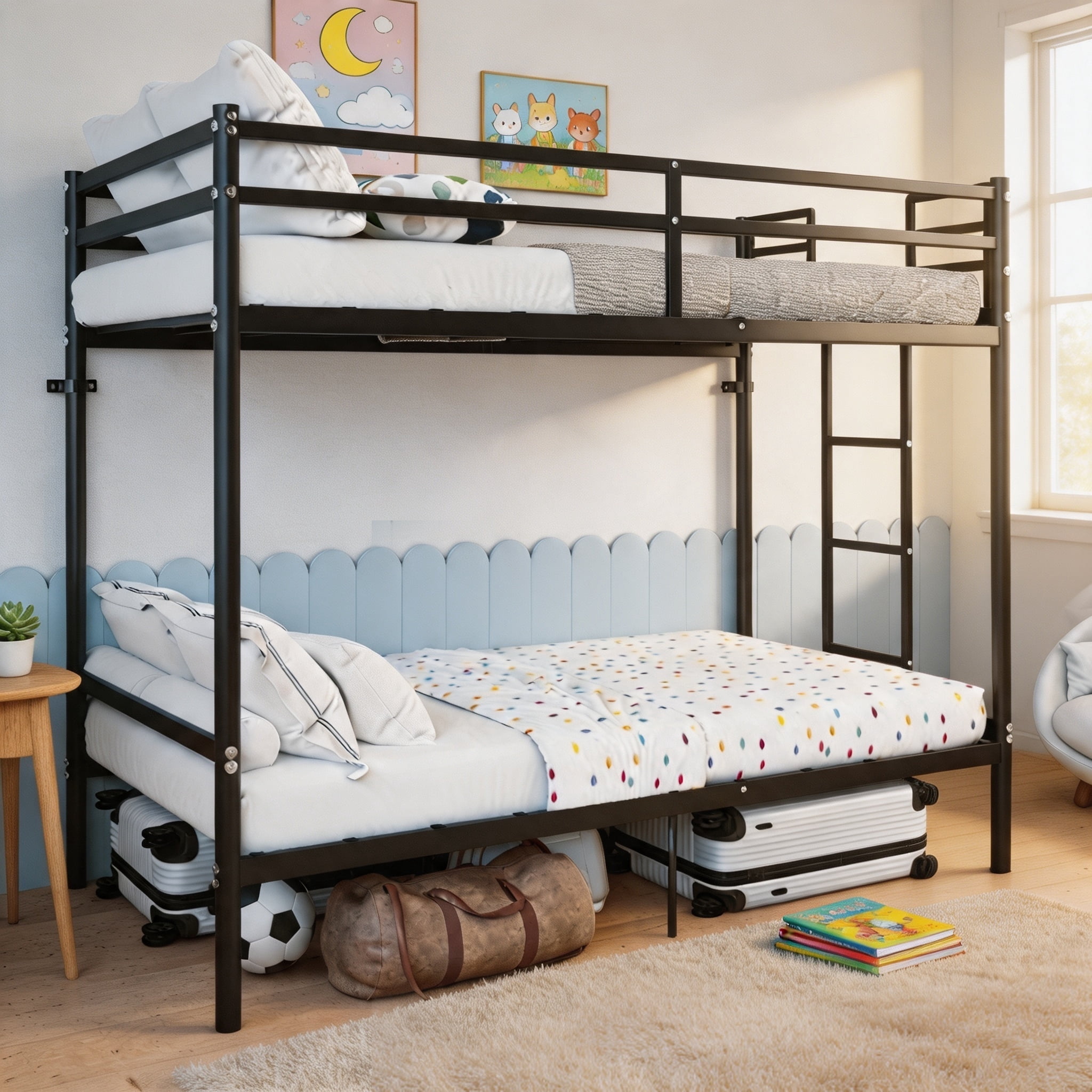Bunk Bed with Ladder and high Guardrail, Able to Split, Metal Bunk Bed, Storage Space, Noise Free,Twin Over Twin Size,Black