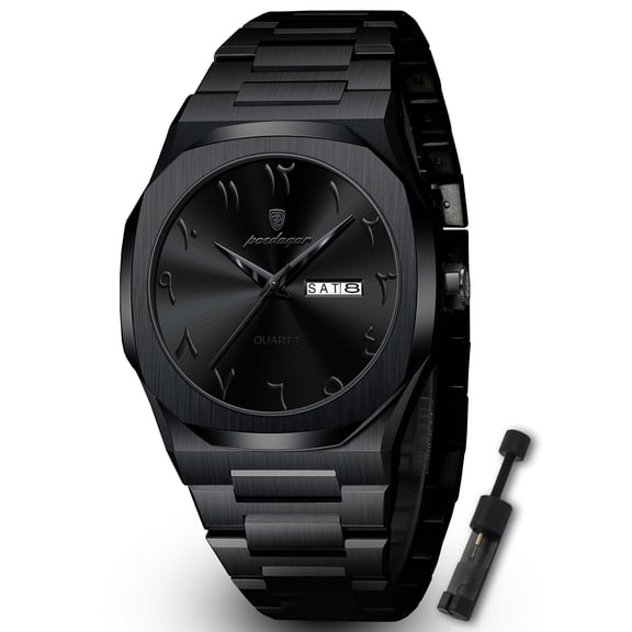 POEDAGAR Men's Luxury Watch Stainless Steel Quartz Wristwatch with Black Dial, 3ATM Waterproof for Daily