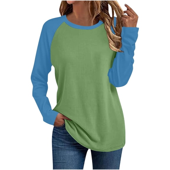 Lopecy-Sta Women's Casual Crewneck Raglan Long Sleeve Top, Solid Color Colorblock Shirt, Loose Basic Layering Tunic for Daily Work Casual Wear Green L
