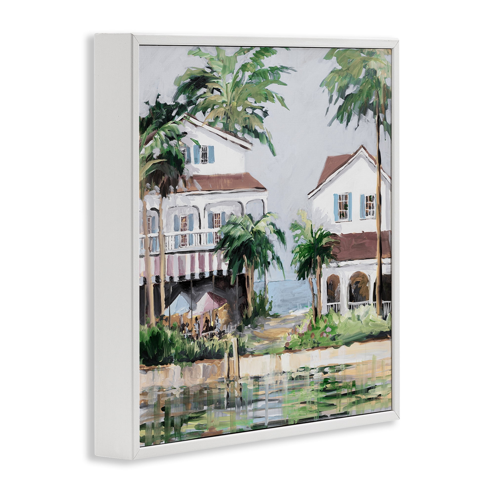 Stupell Industries Coastal Bay Cottages Coastal Painting White Framed Art Print Wall Art, 17 x 17