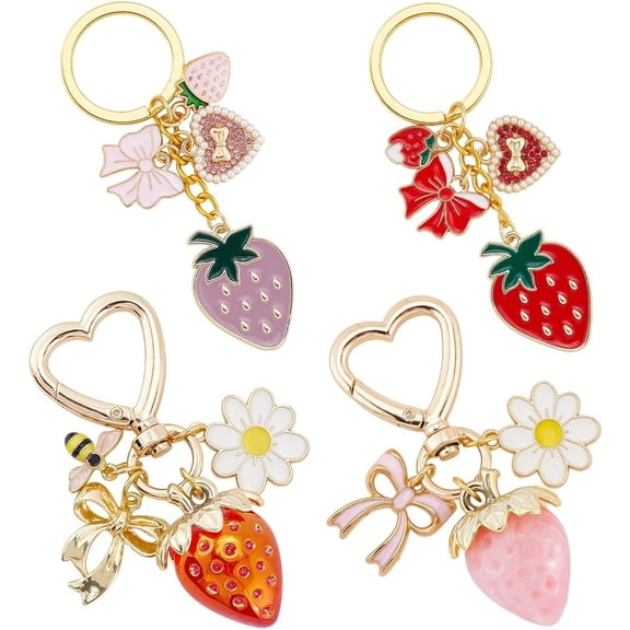1 Box 4 Styles Strawberry Bag Charms Strawberry Keychain Bulk Alloy Enamel Pink Bowknot Flower Heart Swivel Clasps Keyring Charm for Handbags Purse Bag Decoration Pendants Accessories Women Gray