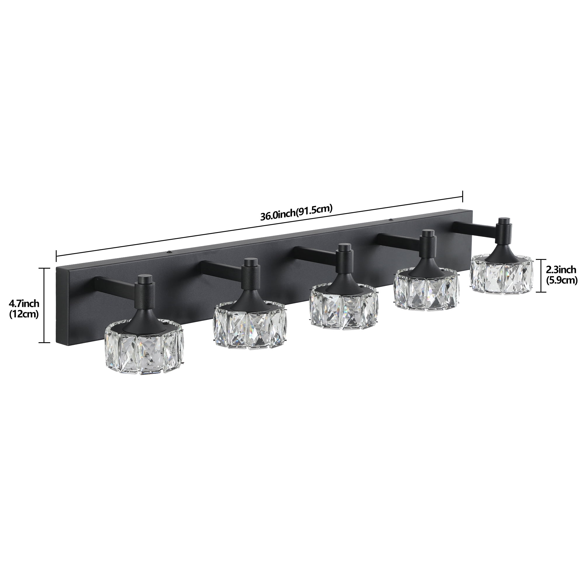 Crystal Vanity Lights for Bathroom, 5 Light Bathroom Vanity Light, Modern 36.0in Light Over Mirror Light Fixtures Matte Black