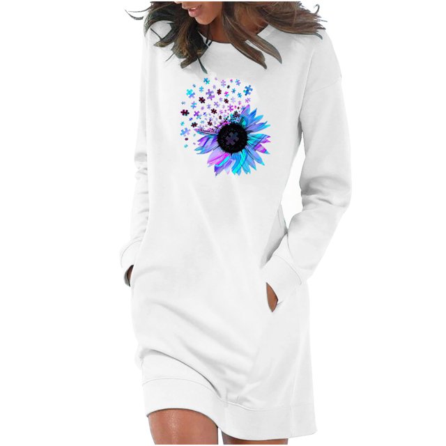Robes T-Shirt pour Femmes Col Ras du Cou Unies Imprimées Robe à Manches Longues Décontractée Ample Robes d'Automne avec Poches