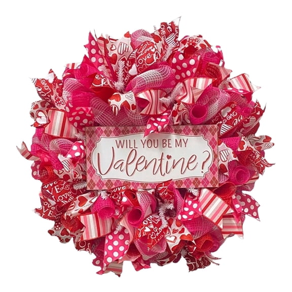 Valentines Day Wreath with LOVE Wooden Sign, Red Mesh Heart Wreath for Front Door, Indoor and Outdoor Valentine’s Day Handmade Decorations