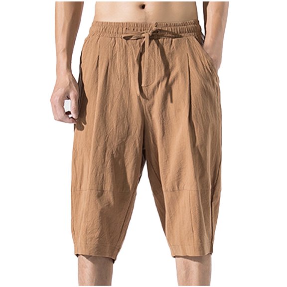 HOOMEUMY Men's Cotton Linen Shorts Baggy Harem Pants with Pockets Drawstring Elastic Waist Loose Fit Summer Beach Shorts Brown XXL