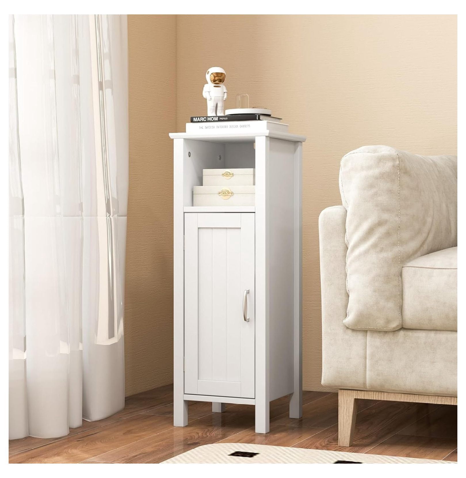 Bathroom Floor Cabinet, Freestanding Narrow Storage Cabinet Console Table Nightstand with Adjustable Inner Shelves, Bathroom Side Storage Cabinet for Living Room Kitchen Entryway (White)
