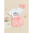 thumbnail image 3 of Bagilaanoe 3pcs Newborn Baby Girl Shorts Set Short Sleeve Letter Print Romper Tops + Shorts + Headband 3M 6M 12M 18M Infant Casual Summer Clothes, 3 of 8