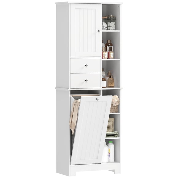 HOMCOM Armoire de Salle de Bain de 67 Pouces, Armoire de Salle de Bain avec Panier à Linge, Blanc