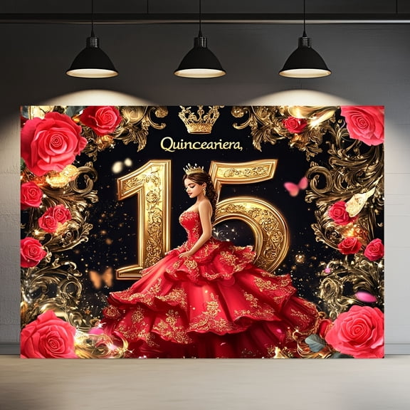 Quinceanera 15th Birthday Backdrop Red Princess Dress Quinceanera Background Red Rose Butterfly Golden Crown Happy 15th Birthday Party Decorations Banner Supplies Photo Booth Props