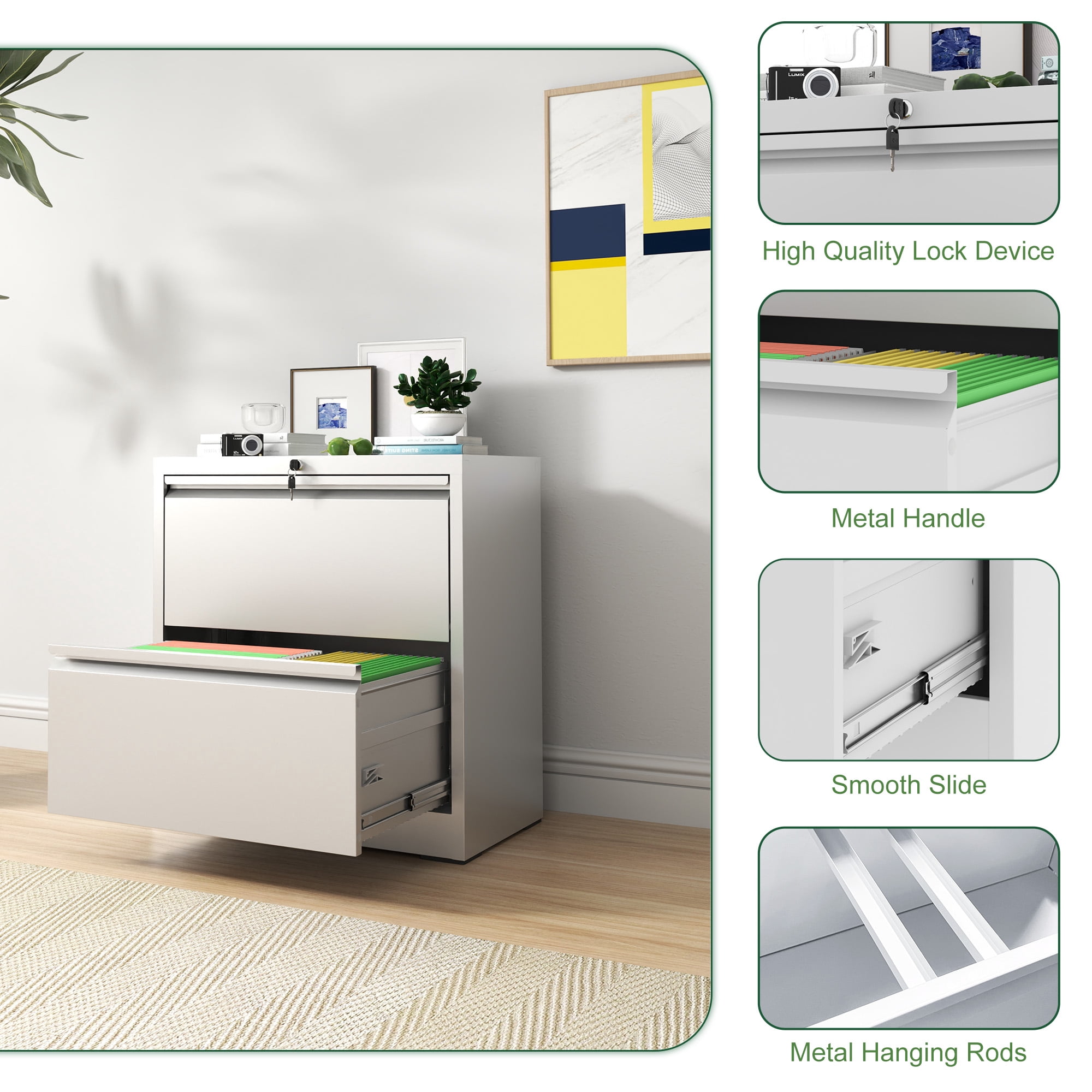 2 Drawer Lateral File Cabinet with Lock, Metal Lateral Filing Cabinet for Home Office, Steel Wide Horizontal Filing Cabinets for Letter/Legal/A4/F4 Hanging Files (White)