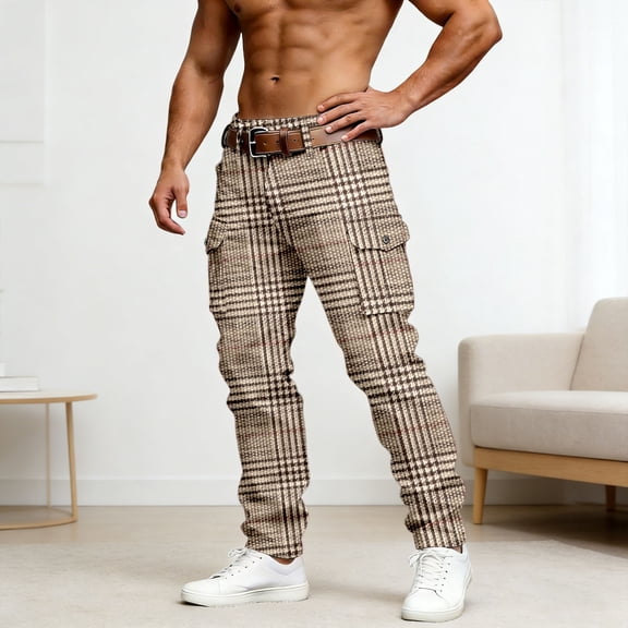 BUWTTED Mens Pants Casual Cargo with Print Utility Pockets Everyday Comfort Outdoor Adventure Khaki Pants L