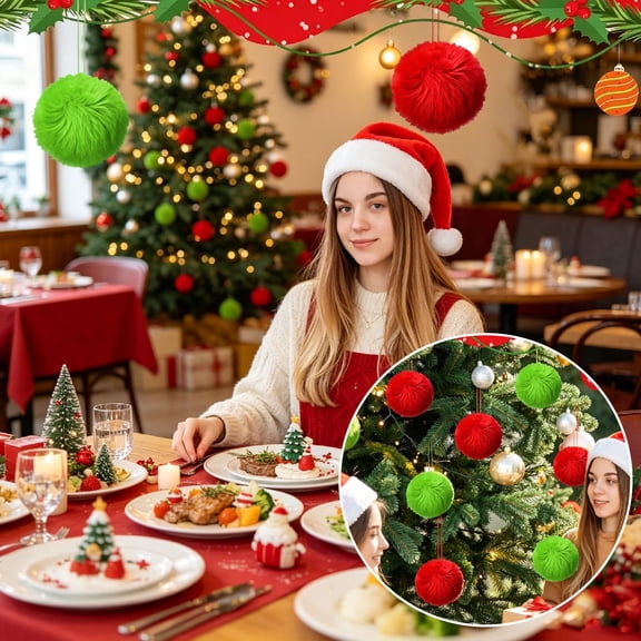 12 Pack Furry Christmas Ornaments, 2.36 in Plush Pom Pom Christmas Balls, Red and Green Decorative Hanging Crafts Set for Holiday Tree Decor
